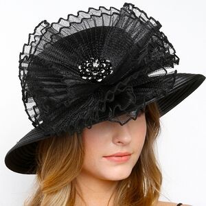 Beloved Millinery Black Chiffon Ruffled Brooch Hat Church Funeral